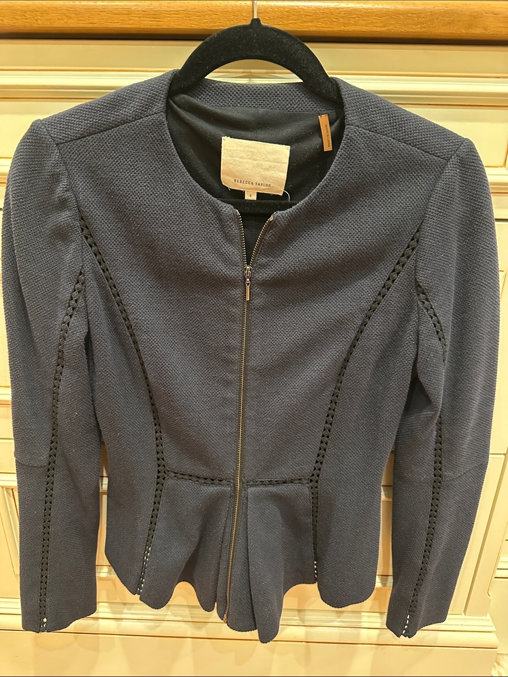 Rebecca Taylor Navy Textured Peplum Zip Jacket